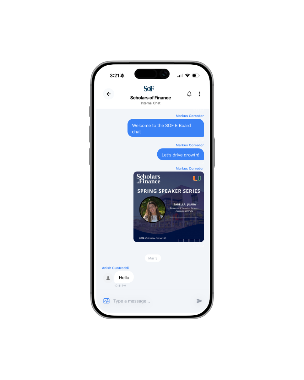 VibeLink Flexible Messaging — club chat screen